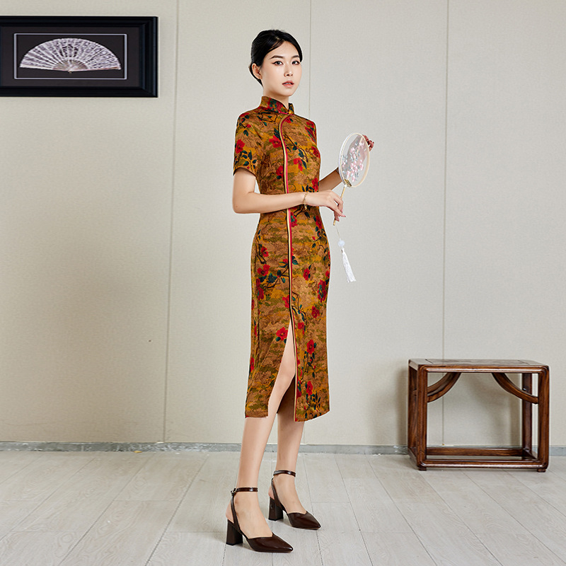 Printed Piping, Contrasting Colors, Retro Silks and Satins Cheongsam, Processing, Processing, Processing, Oem, Production and Processing, Customization