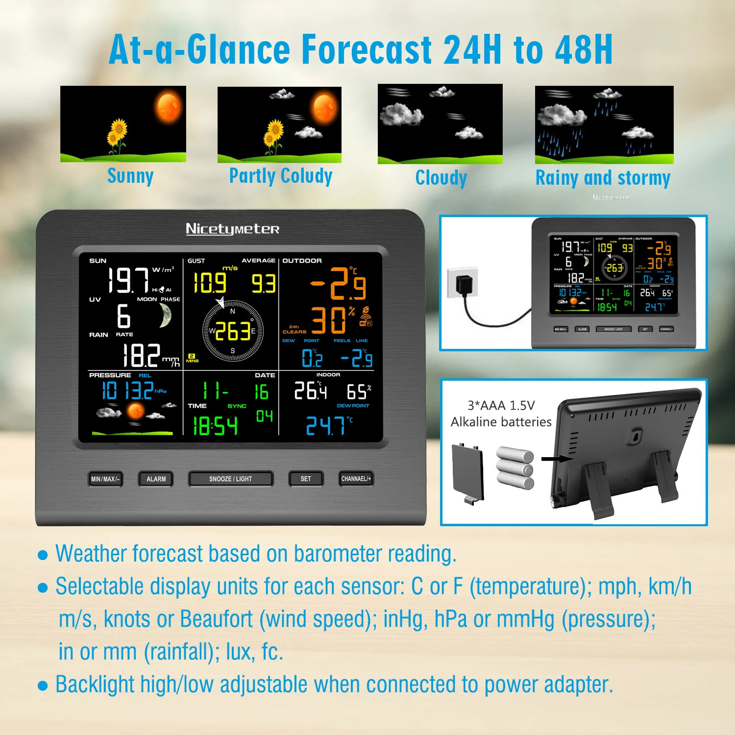 "Smart Wifi Weather Station" 7-in-1 Monitoring of Wind and Rain/Light Temperature and Humidity | Electronic Clock + Weather Forecast