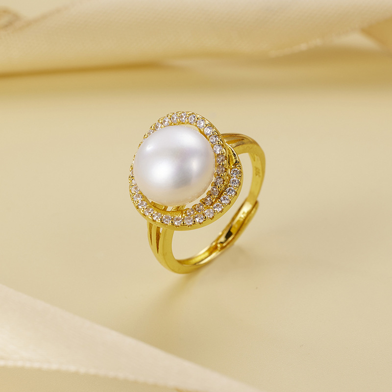 Cross-Border fashion freshwater pearl opening ring zircon vortex ring Joker jewelry DIY empty tray manufacturers wholesale