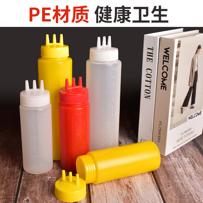 Squeeze bottle with scale salad sauce ketchup seasoning bottle kitchen seasoning bottle three hole jam squeeze bottle cross border
