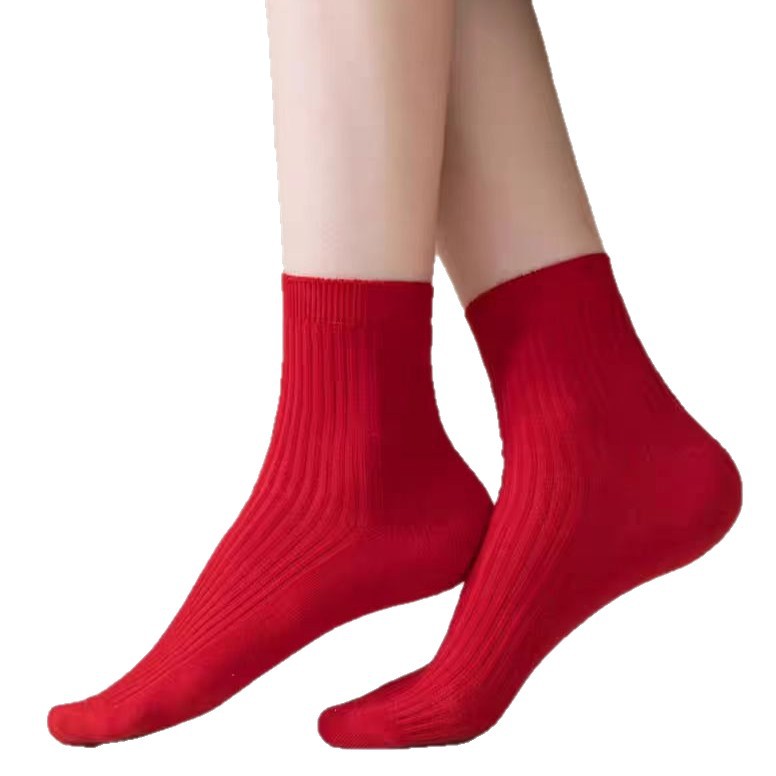 Red Socks for Weddings in the Year of Birth, Double-Needle Red Socks for Men and Women, Mid-Calf Cotton Socks, Bright Red New Year Festive Socks, Wholesale Slouch Socks