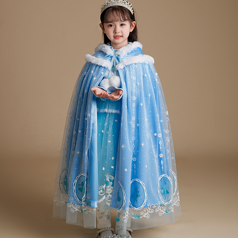 Girls' Frozen Cape Cloak Outerwear Vest Elsa Princess Spring and Autumn Children's Tie-Up Warm In-Stock