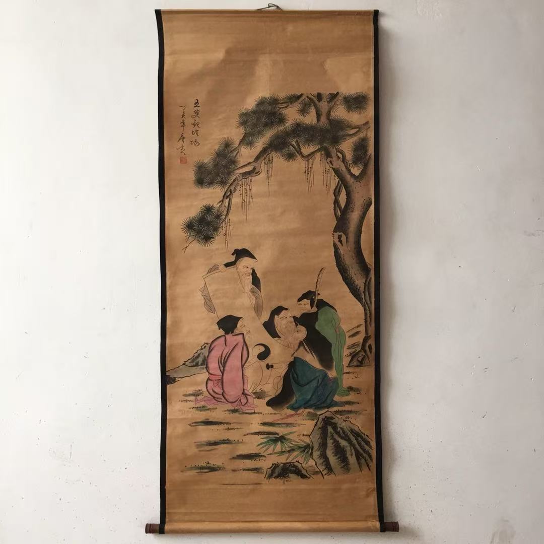 Антикварные оптовые старые украшения для гостиной центральная картина каллиграфия и живопись Тан Ина пейзажи цветы и птицы восемь бессмертных пересекающих море висячая картина