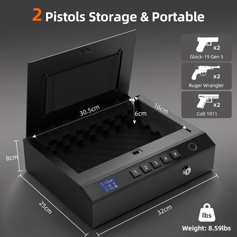 New Gun Box Fingerprint Password Key Three-In-One Pistol Box Temperature and Humidity Meter Gun Box Pistol Safe