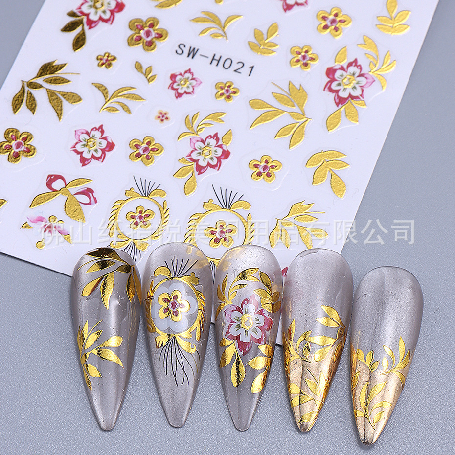 Cross-border hot nail stickers wholesale ins Japanese bronzing cherry petals leaves small fresh spring and summer nail stickers