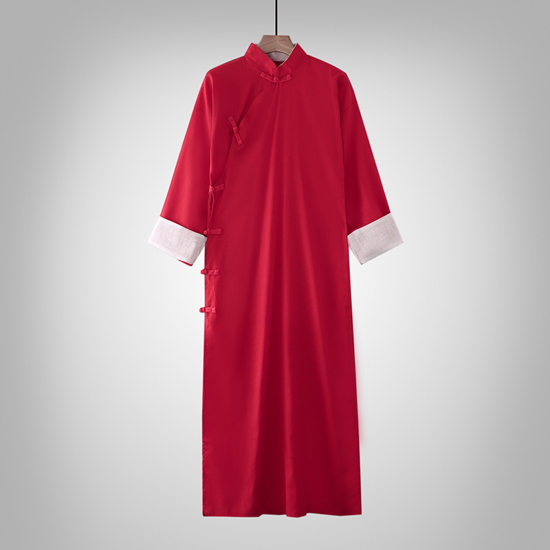 Cotton and Linen Long Shirt Republic of China Chinese Style Long Gown Ma Gua Linen Men's Tea Suit Host Calligraphy Coat Performance Costume