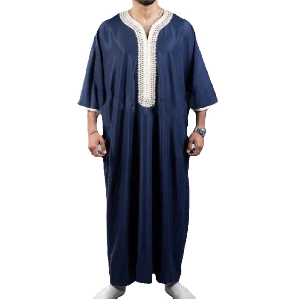 2023 New Arrival Arabian Robe Medium and Short Sleeve Embroidered Navy Blue Men's Muslim Robe AliExpress