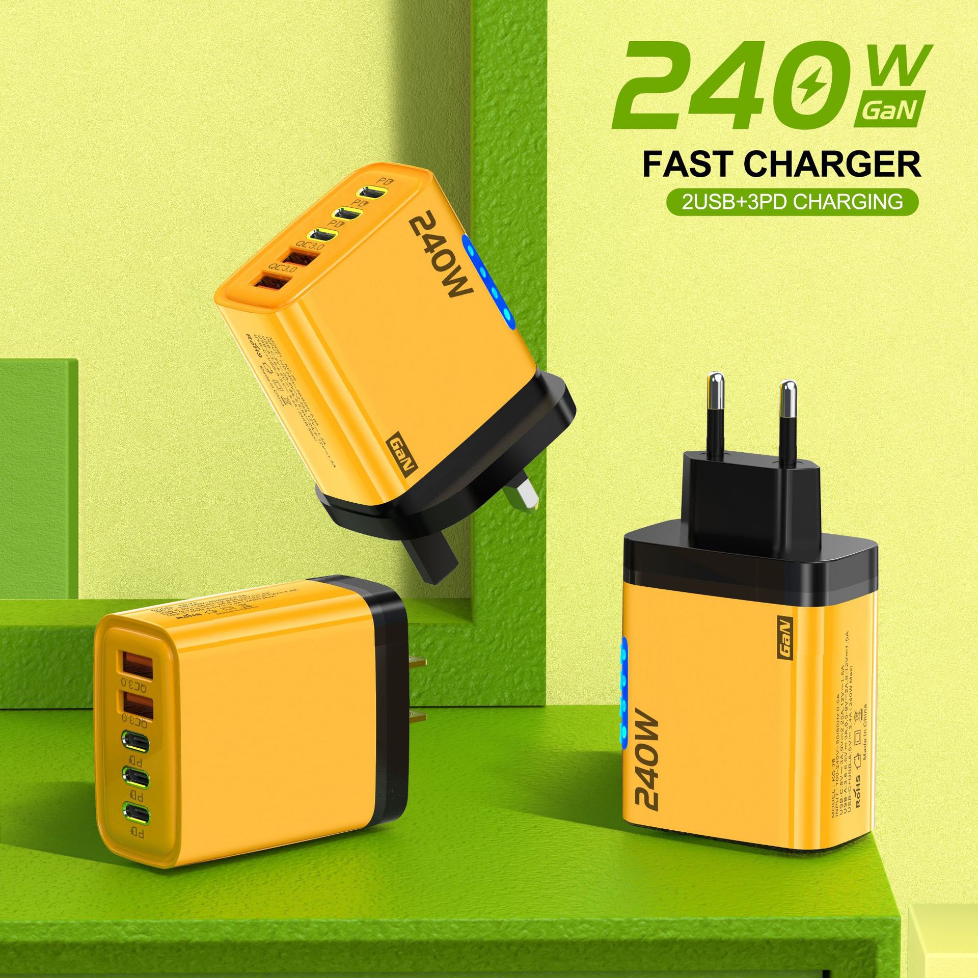 240W 3Pd+ Dual USB Charger with Light Suitable for Apple 15 Huawei Mobile Phone Dual Typec Smart Fast Charging Head