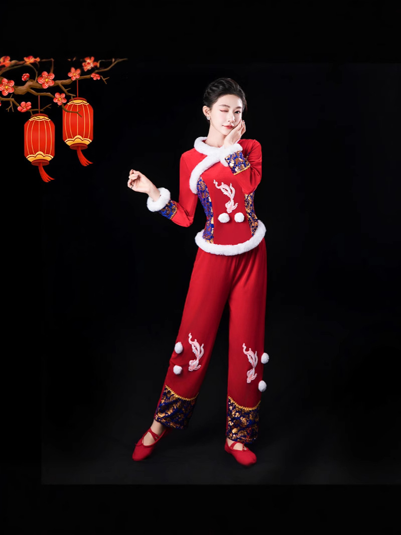 New Yangko Clothing Female Ethnic Golden Velvet Square Dance suit Red Festive Drumming Clothing Stage Performance Clothing