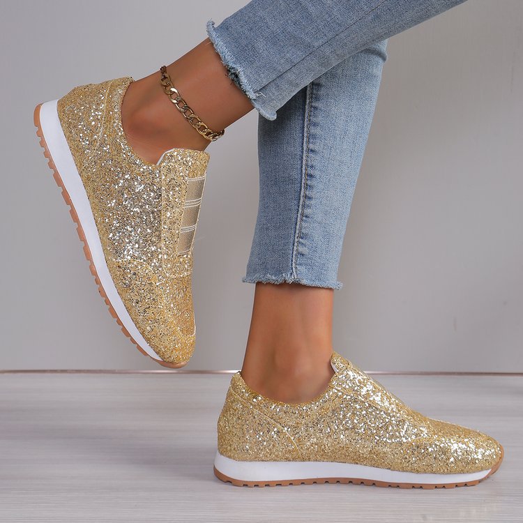 Женская обувь большого размера, 2025, с блестками, спортивная, повседневная, мелкий носок, круглый нос, кросс-бордерный экспорт