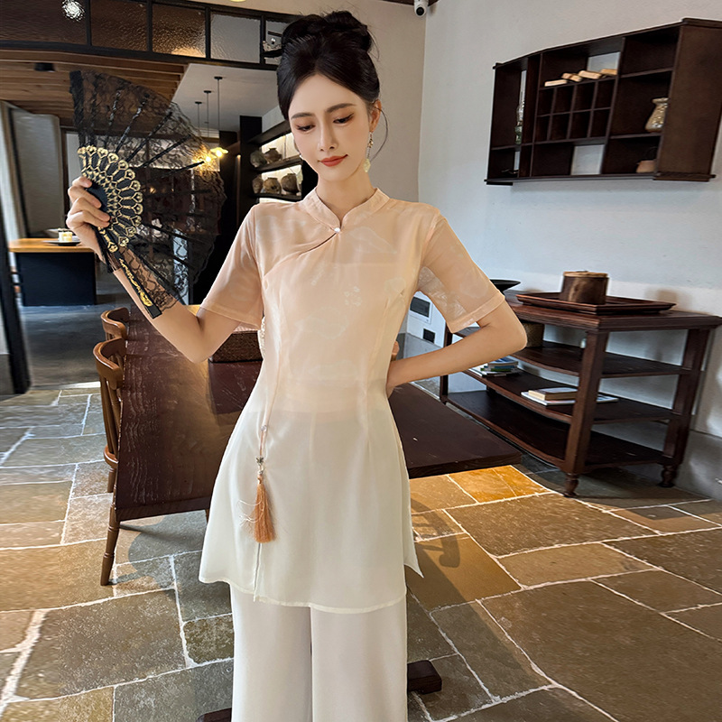 Foot Bath Health Hall Technician Work Clothes Ear-picking Tea Artist Soft Work Clothes National Style Chinese Gradient Printing Long Pants