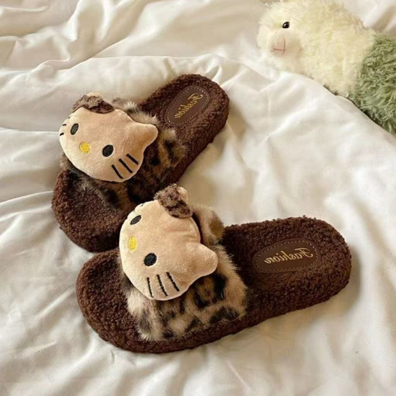 Leopard Print Kt Cat Fur Slippers for Women in Autumn and Winter New Style Going Out Niche Sexy Style High-Looking Lamb Wool Home Cotton Slippers