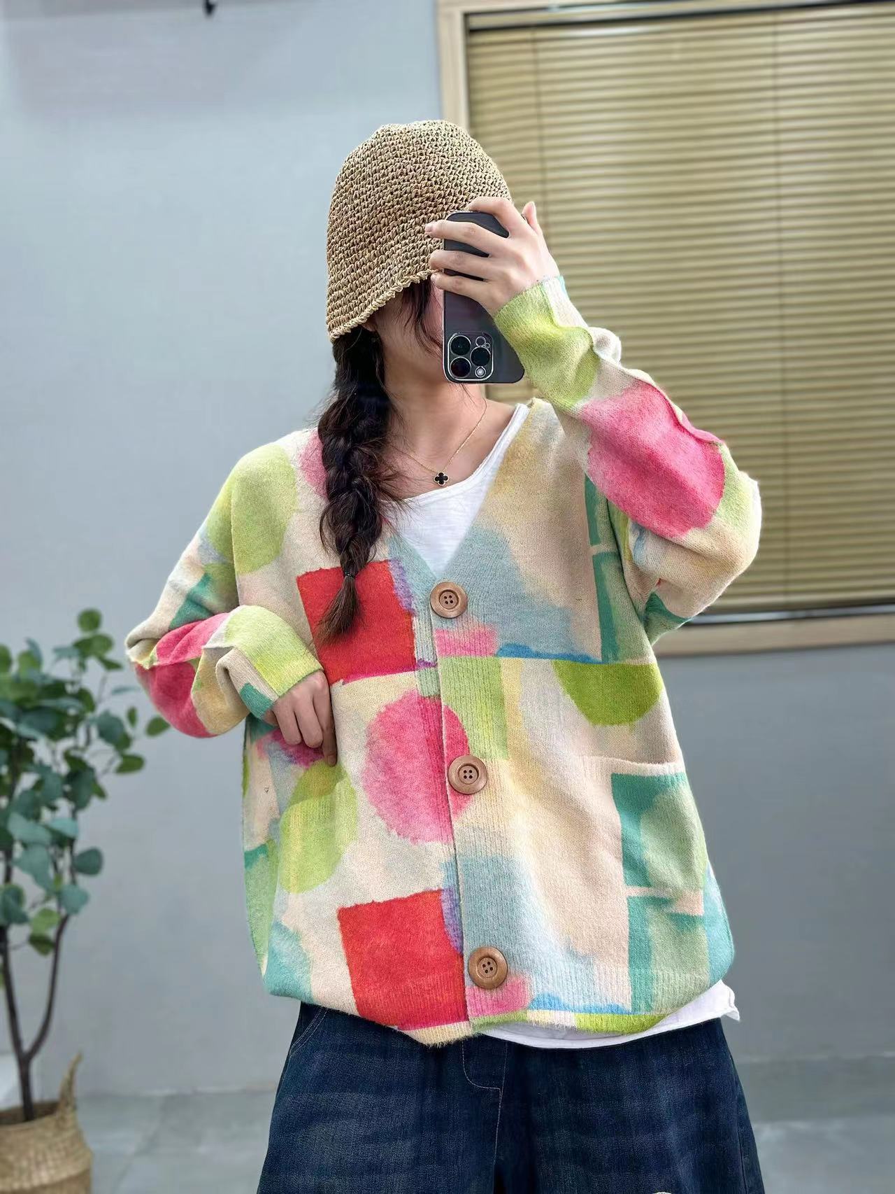 Printed Colorful Mink Velvet 2025 Autumn and Winter New Classy Loose Knitted Cardigan V-Neck Sweater for Women Factory Direct Sales