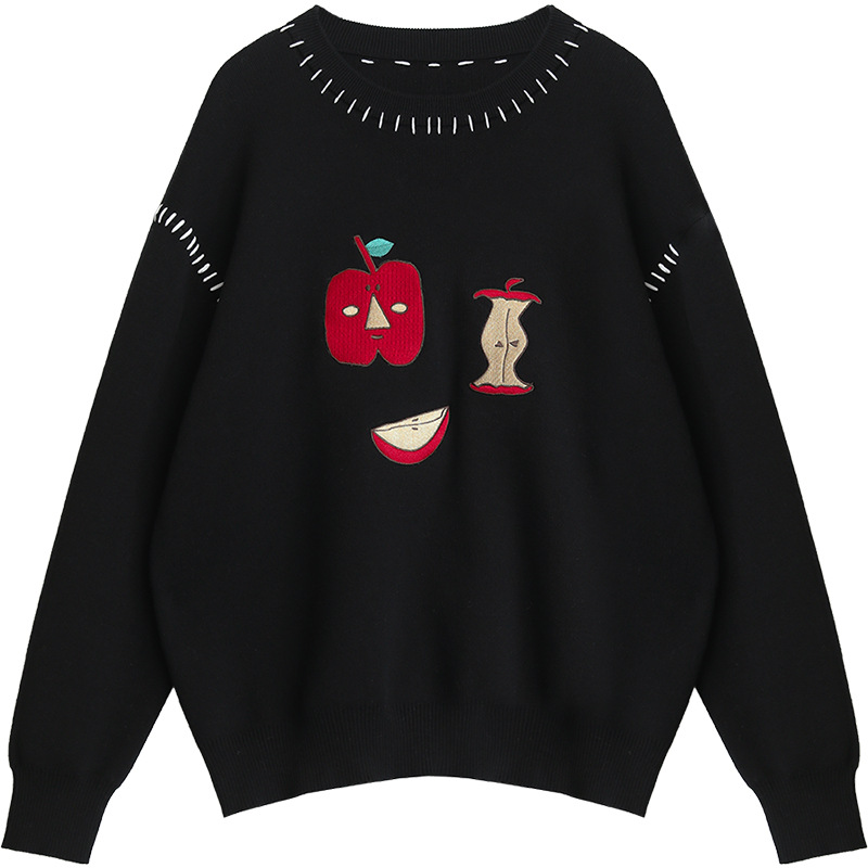 Chicven "Retroism" Winter Loose Cotton Round Neck Apple Embroidered Sweater Warm and Comfortable Top