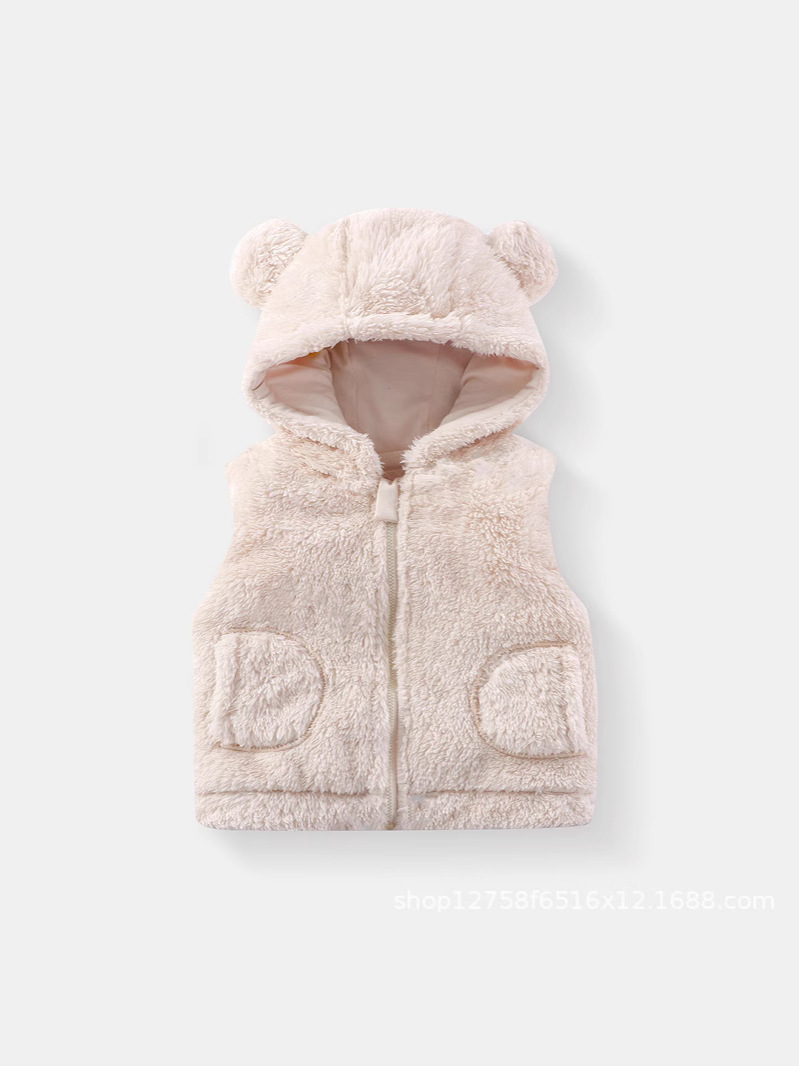 Children's Vest Autumn and Winter New Plush Hooded Zipper Half Bear Outer Wear Inner Wear Sleeveless Jacket Home Top