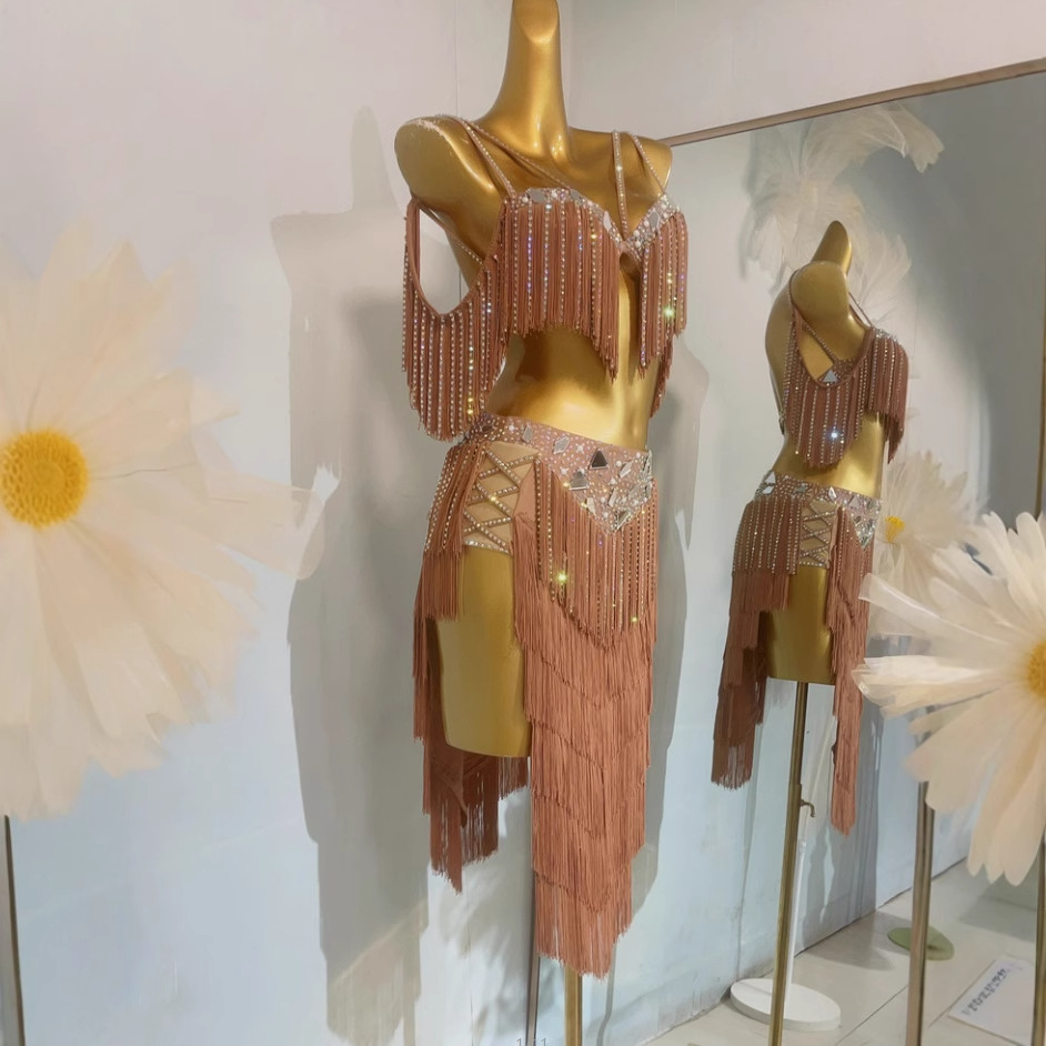 2025 European and American Cross-Border New Product Sexy Tassel Rhinestone Bra Body Chain Women's Latin Dance Costume Competition Costume