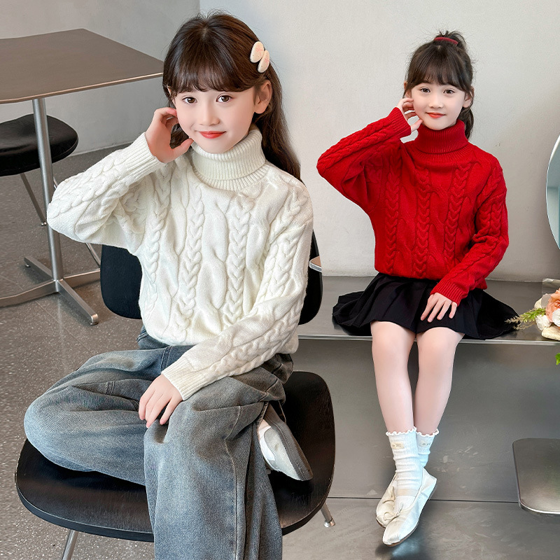 Свитер для девочек 2024, новый осенне-зимний, пуловер с воротником-стойкой, вязаный свитер для детей среднего и большого размера