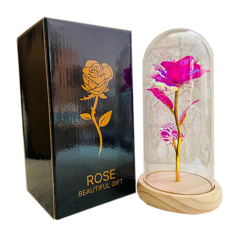 New gold foil rose flower plastic cover luminous Valentine's Day gift eternal flower glass cover LED lamp desktop ornaments