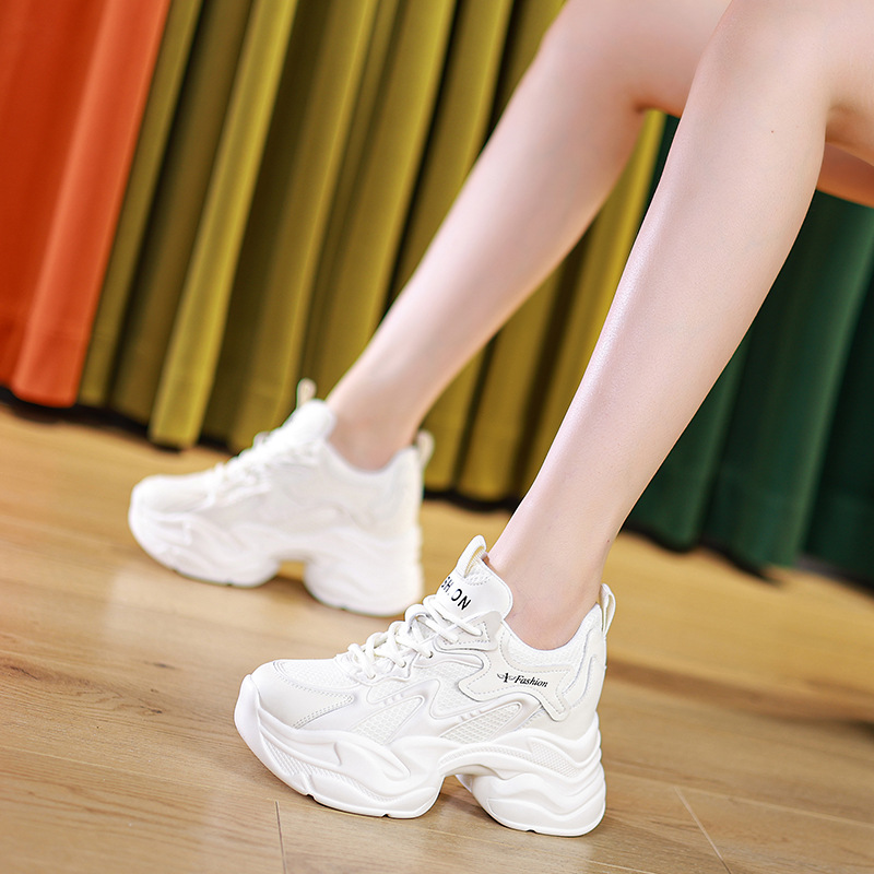2025 Spring Women's Shoes New Style Height-Increasing Casual Dad Shoes White Shoes Wedge Platform Thick Sole Mesh Single Shoes with Fleece Lining