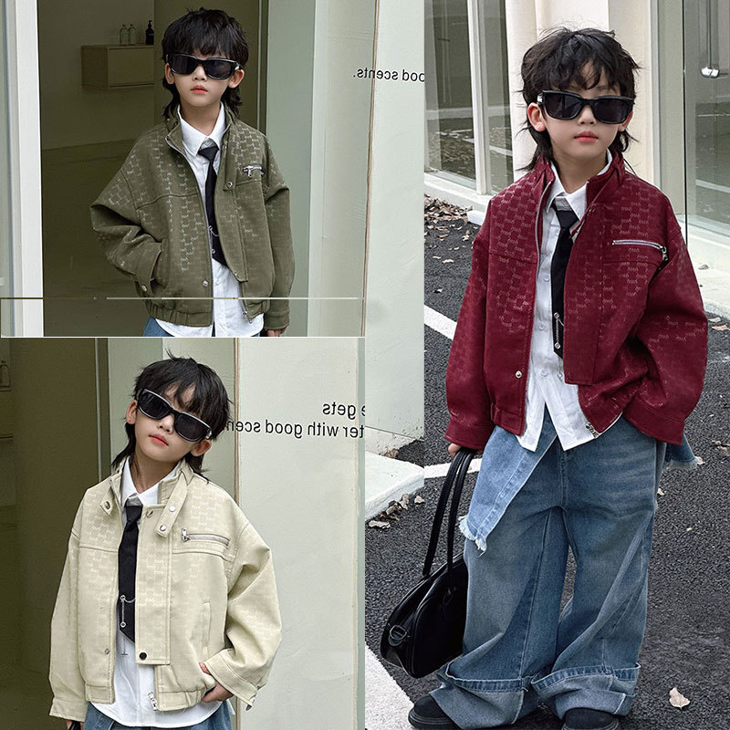Комплект кожаной куртки для мальчиков, осень 2025, новый стиль, куртка с буквами, стильная детская верхняя одежда, оптовая модная одежда