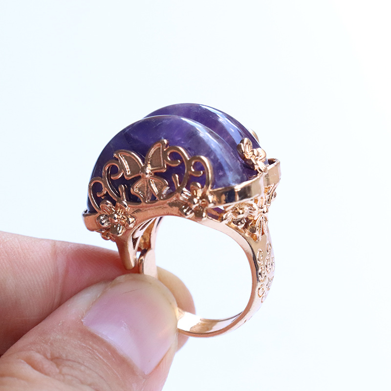 Floral Natural Stone Crystal Korean Style Ring Irregular Raw Stone Amethyst Tiger Eye Stone Rose Quartz Inlaid Copper Ring