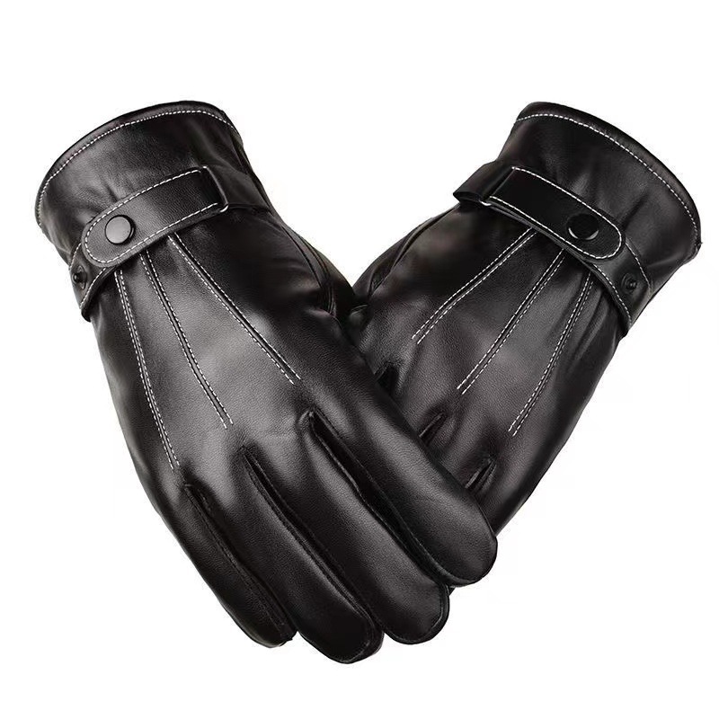 Winter Three-Line Men's Thickened Pu Leather Gloves, Fashionable Classic Men's Three-Ribbed Leather Gloves, Black Thickened Gloves