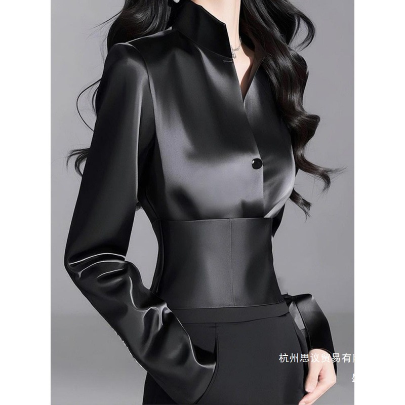 Factory Direct Sales French Style Petite Chic Beautiful Niche Light Luxury Cool Acetate Satin Black