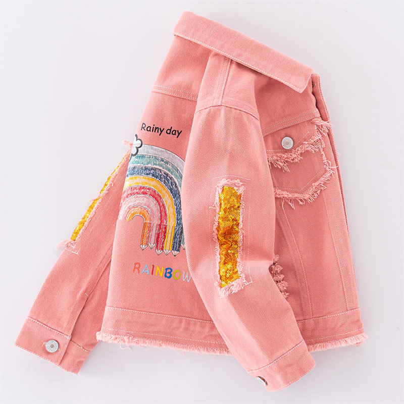 Children's clothing girls' Denim jacket fashionable frayed pink ripped denim jacket children's rainbow sequined top