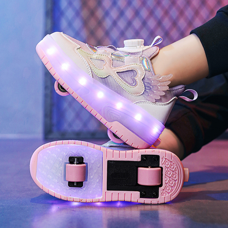 Cross-border heyday shoes manufacturers wholesale rechargeable luminous shoes LED lights children adult roller skates with wheels rotating buttons