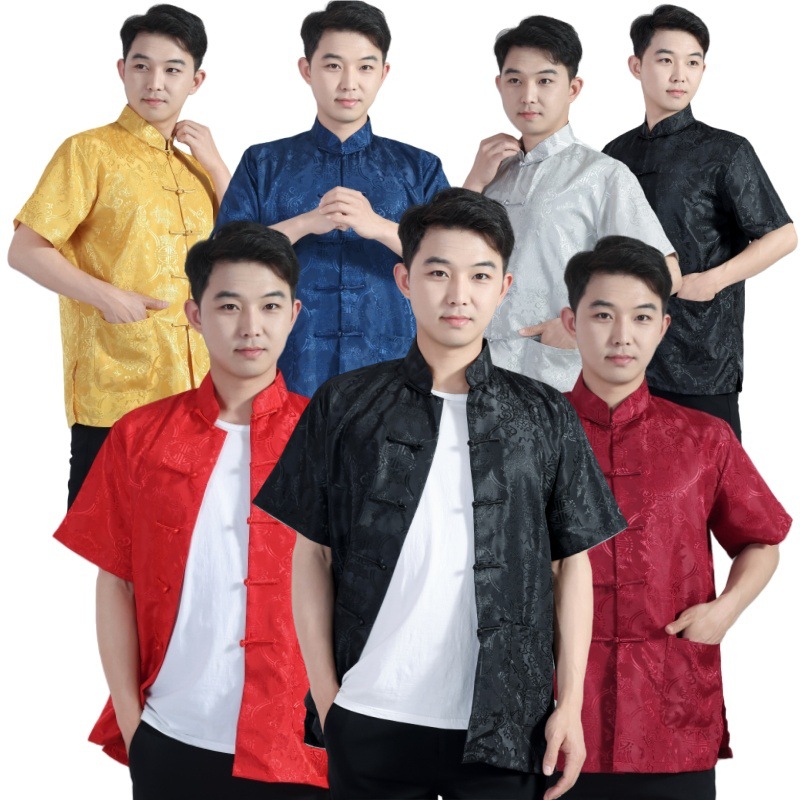 Оптовая дропшиппинг атласная вышивка интернет-знаменитости китайский стиль ханфу шелковые мужские короткие рукава топы китайский стиль древний тан suit