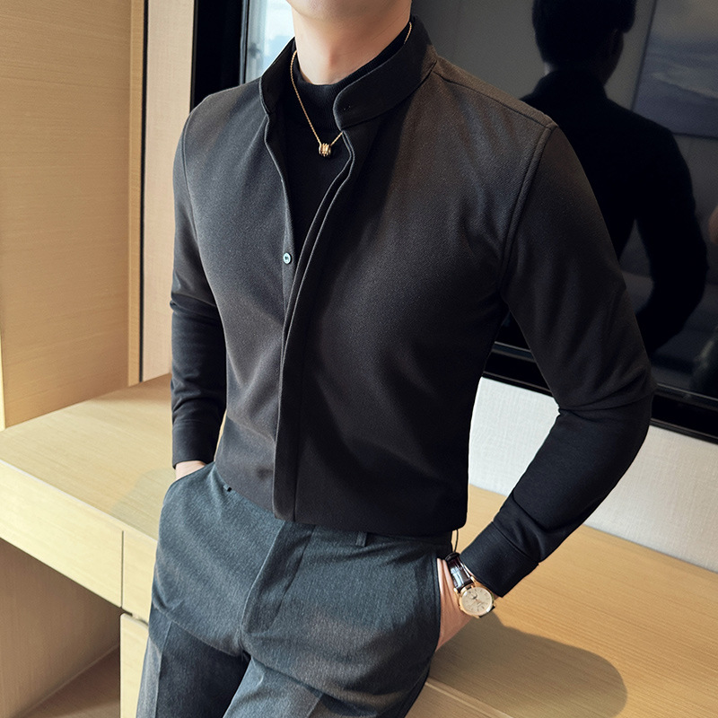 Stand Collar woolen shirt men's long sleeve slim fit ruffle handsome high-grade business casual fake two-piece knitted pullover sweater men
