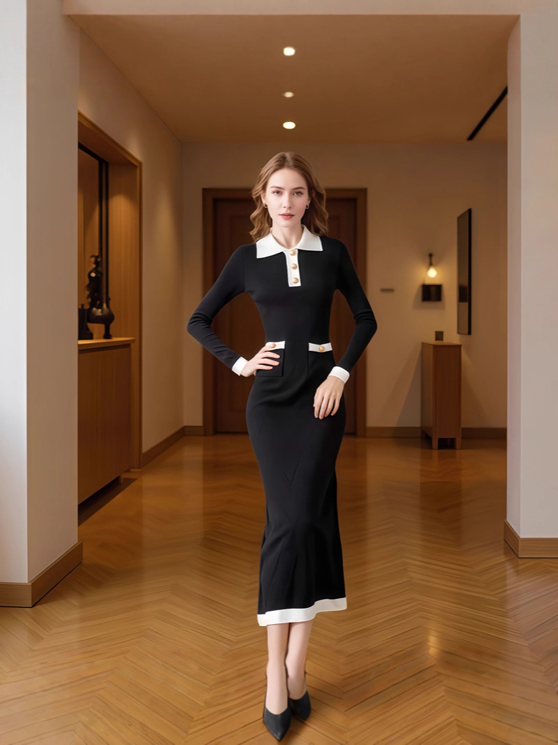 Customized Cross-Border Winter New Commuter Style Lapel Knit Dress for Women, Long-Sleeved, Simple, Slimming, Elegant, Versatile