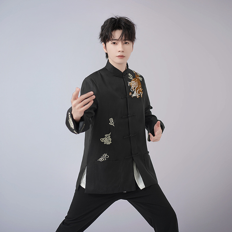 2025 Spring and Autumn New Tang Suit Men's Shirt Suit Long Sleeve Middle-Aged and Elderly Tai Chi Suit Chinese Style Morning Practice Performance Wholesale