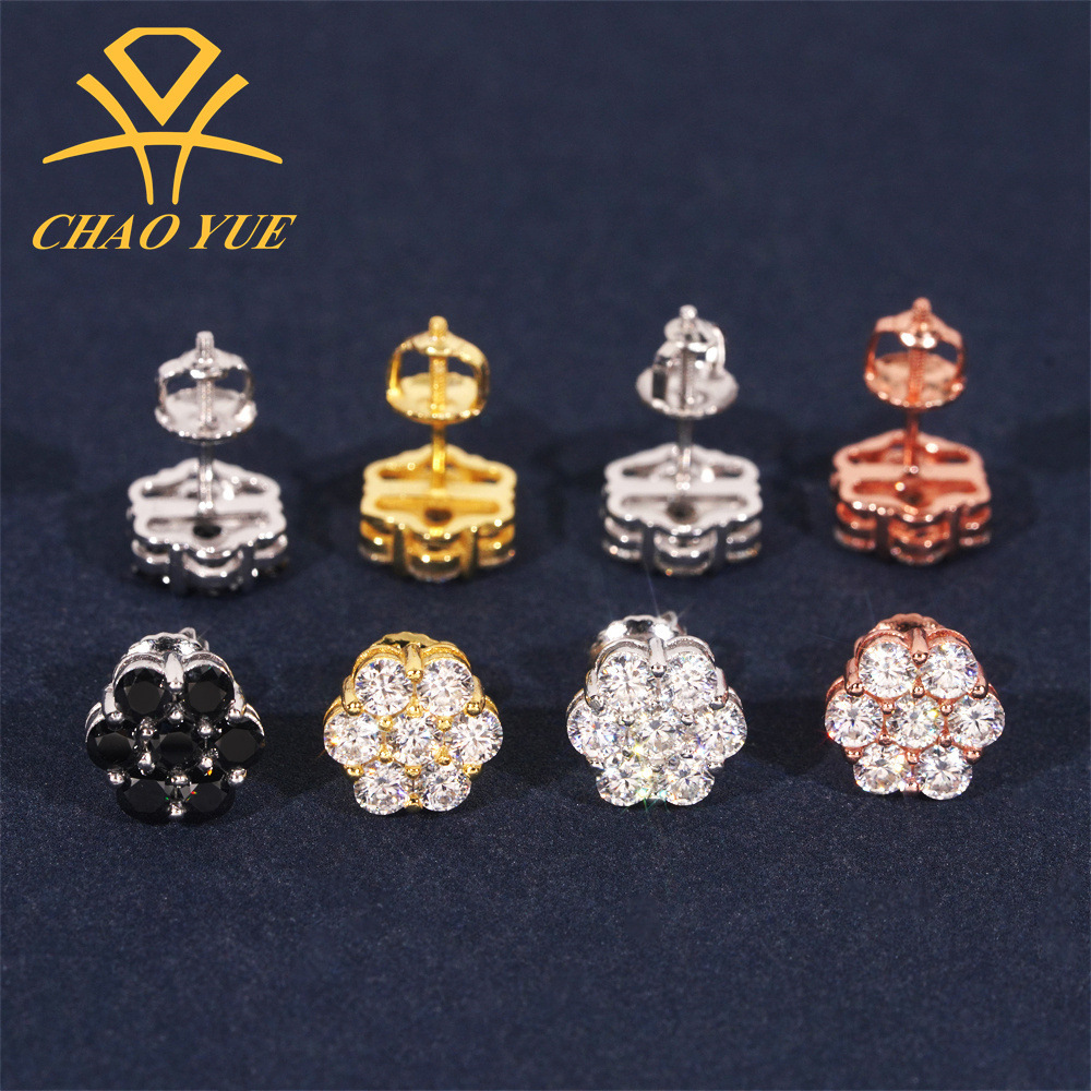 9mm Cross-Border Hip-Hop New Flower Full Diamond Personalized Earrings High-End S925 Silver Moissanite Earrings Wholesale