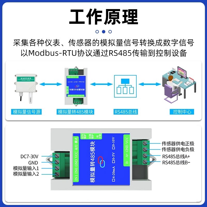 Analog to 485 module 4-20mA0-5V acquisition USB wide voltage high precision 2-way 4-way 8-way module