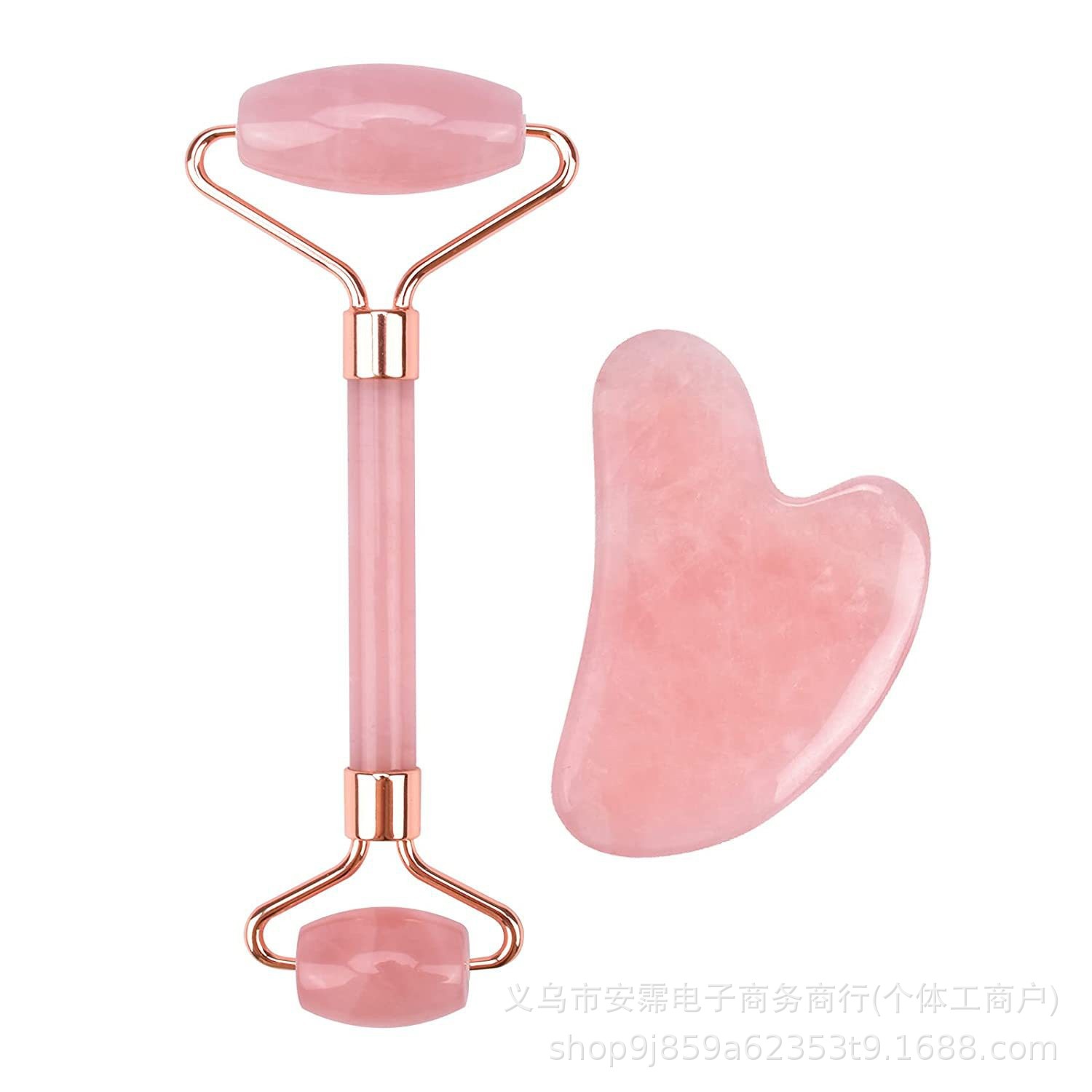 Cross-Border Heart-Shaped Rose Quartz Jade Roller Massage Set Eye and Face Double-Headed Roller Beauty Massage Stick Massager
