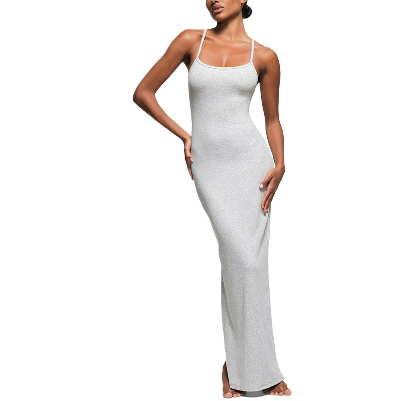 Cross-Border European and American Style New Arrival Spaghetti Strap Dress Ribbed Stretch Tank Dress Slit Long Dress