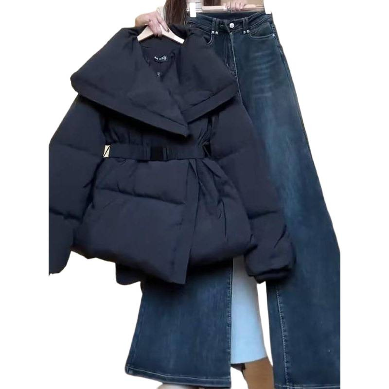 Winter Women's Cotton Coat with a Turn-Down Collar, New Design with Tie Waist, Warm Puffer Jacket, Trendy Cotton Clothing
