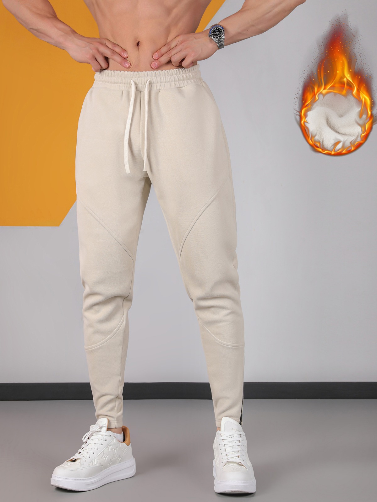 Winter men's stitching outdoor casual fleece-lined sweatpants warm light mature fashion wear sports daily zipper New 2024