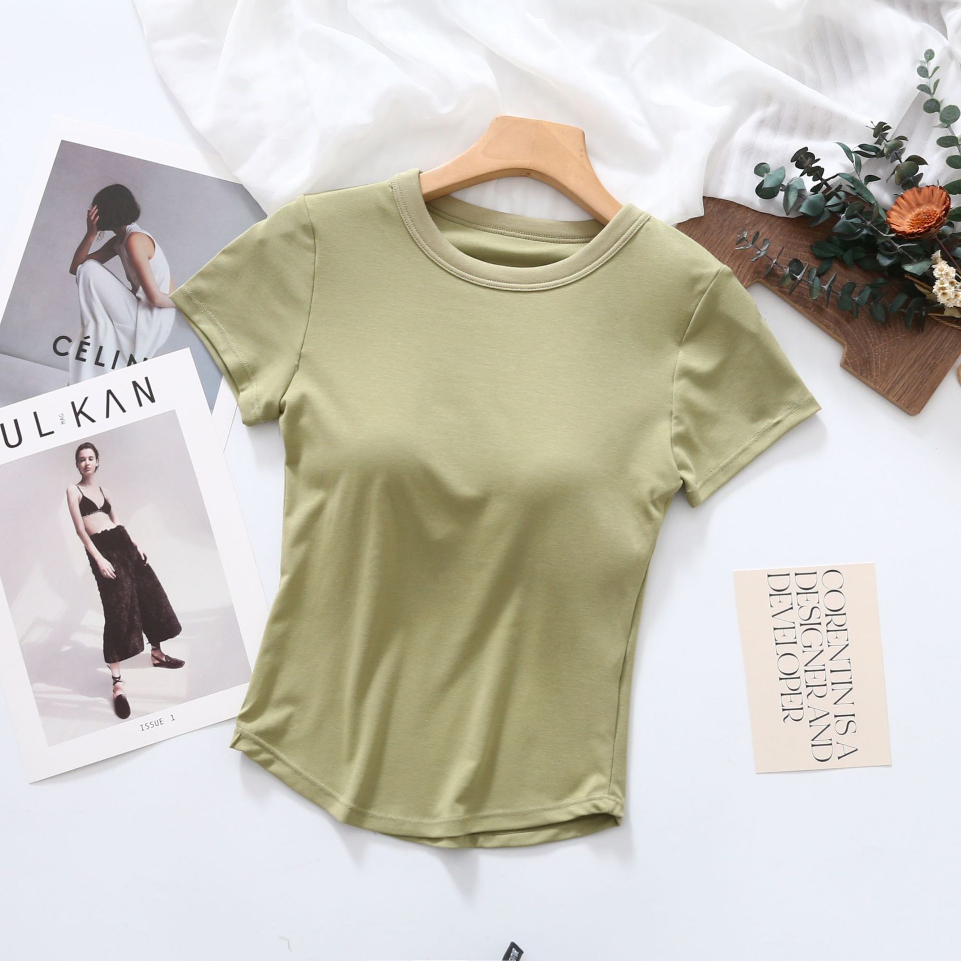 Women's All-In-One Long Inner Anti-Exposure Fishbone Cup Short-Sleeved Top with Chest Pad Bottoming T-Shirt Intimates Spring and Summer