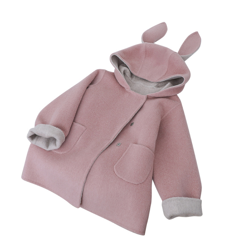 2025 Children's Double-Sided Wool Coat Pink Children's Coat Rabbit Ears Cartoon Short Wool Coat with Tail