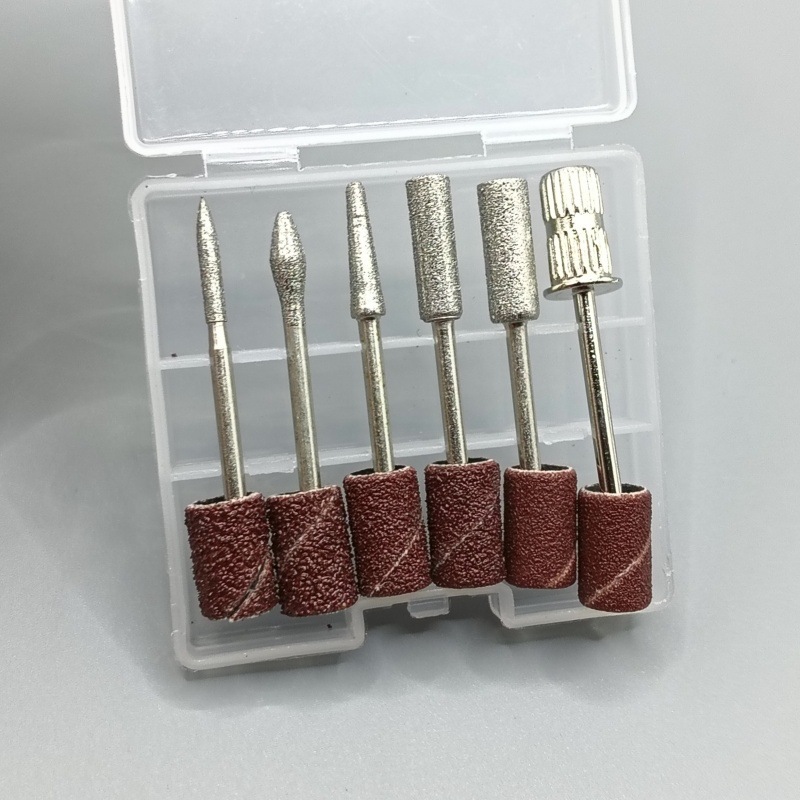 Nail Art Electric Grinding Head Set, Nail Polish Removal 6-Piece Set, Grinding Rod with 2.35 Handle, Grinding Head Set, Polishing Transparent Box