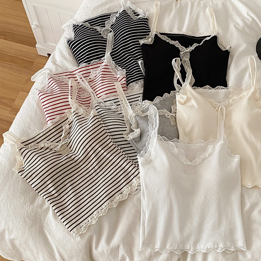 Spring and Summer New Thread Refined Bow Lace Beautiful Back Camisole Vest Simple High Elastic Korean Slim-fit Small Camisole