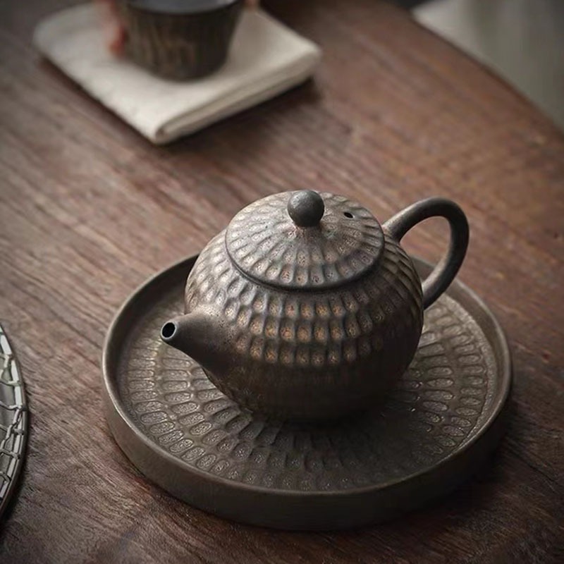 Retro Gilt Round Pot Holder, Dry Bubble Tray, Hammer Pattern Water Storage Tea Tray, Teapot Lid, Bowl, Insulated Pot Mat, Tea Ceremony Accessories