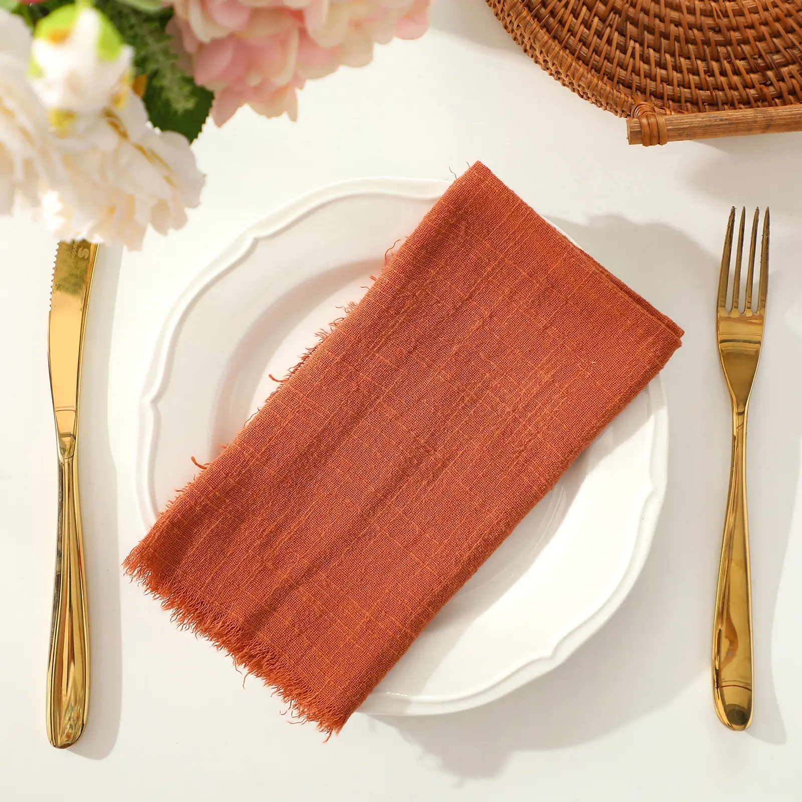 Cross-Border Solid Color Raw Edge Napkin Cloth Wrinkled Cloth Wedding Party Cloth Tassel Placemat Cotton Amazon Source Manufacturer