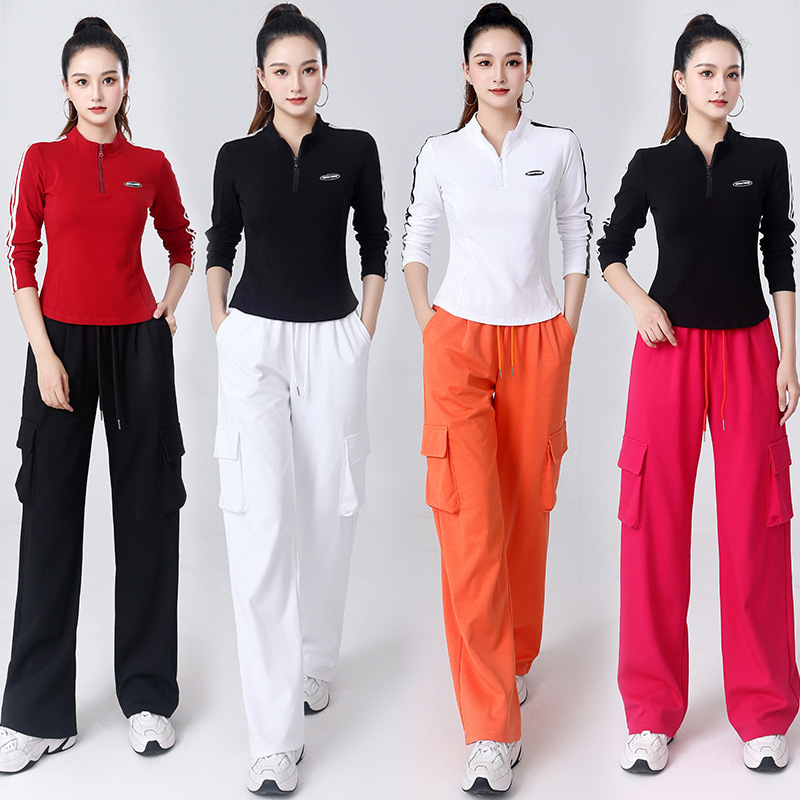 2024 Autumn New Half Zipper Long Sleeve Square Dance Slim Sports Clothing Women's Cotton Spot Suit