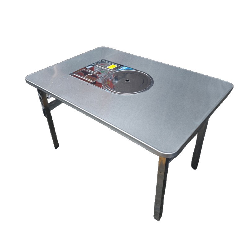 Stainless Steel Hot Pot Table Barbecue Table Commercial Foldable Table Small Round Table and Chairs Gas Flameout Protection Built-In Cassette Stove