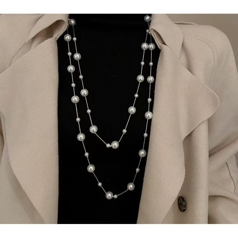 French-Style Fashion Long Pearl Necklace for Women, Elegant and Luxurious Sweater Chain, Versatile Autumn and Winter Clothing Accessory