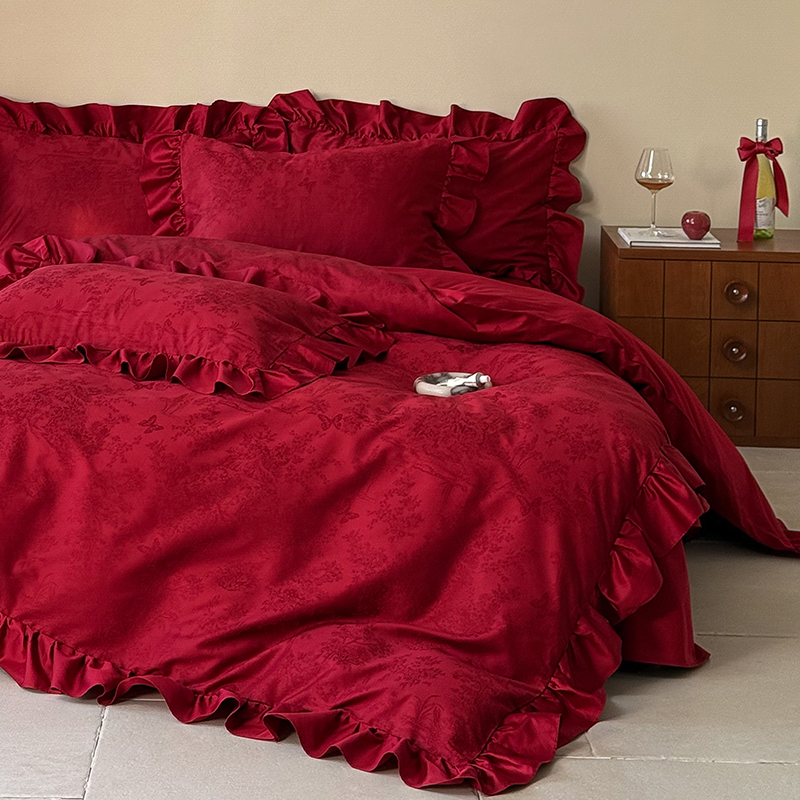 Высококачественный свадебный комплект из четырех предметов, 100% длинноволокнистый хлопок, красное свадебное постельное белье, французский ретро стиль