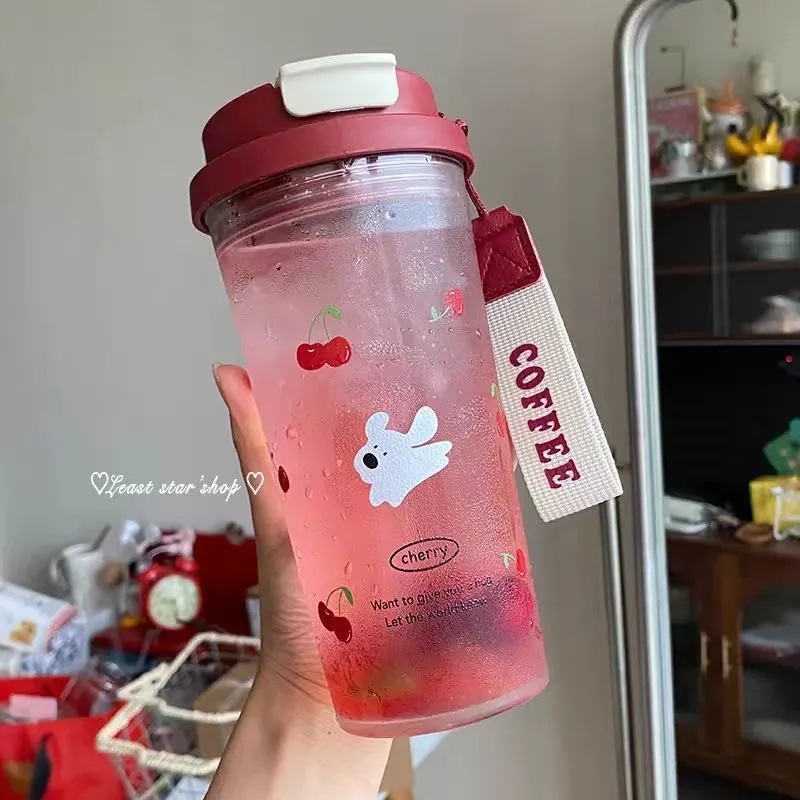 Straw Cup Student Flower Tea Cup Water Cup Girl's Handy Cup Portable Straw Plastic Cup Large Capacity Summer Cup